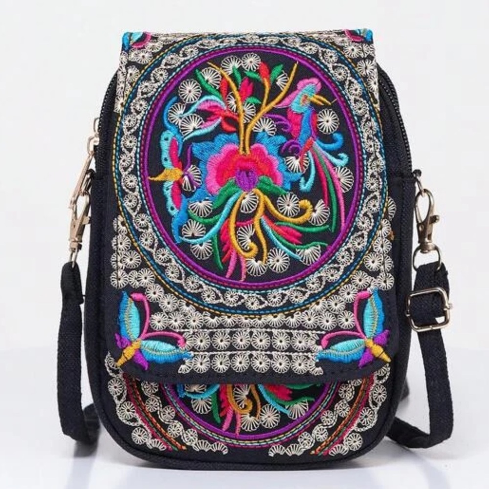 Colorful Floral & Butterfly Embroidered Multi-Zipper Pocket Canvas Bag!